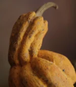 Detailed views of the ceramic pumpkin's side texture, glaze, and form