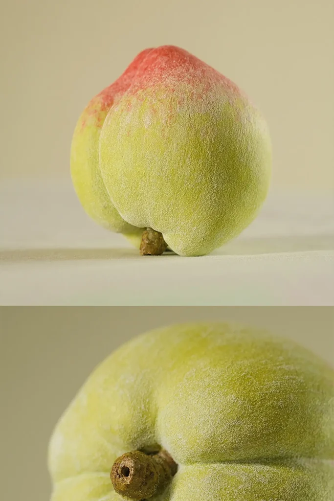 Porcelain peaches styled on a table as coffee table decor 01